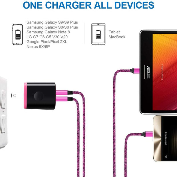 Dual USB Type C Car Charger Charging Block Wall Plug with 6Ft USB C Fast Charging Cable for Samsung S23 A54 A34 A53 A13 A23 A03S S22 S21 S20 FE S10 A13 A50 A51 A21,LG K51 Stylo 6 5 4 V50 G8 G7 Thinq