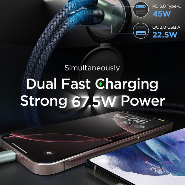 67.5W Car Charger USB C Fast Charging Iphone 16 15 Pro Max Air, PD 45W All Metal Dual Port Cigarette Lighter Adapter for 17 Pro Max Iphone 16 15 Air Pixel 10, Samsung Galaxy S25 Android, Black
