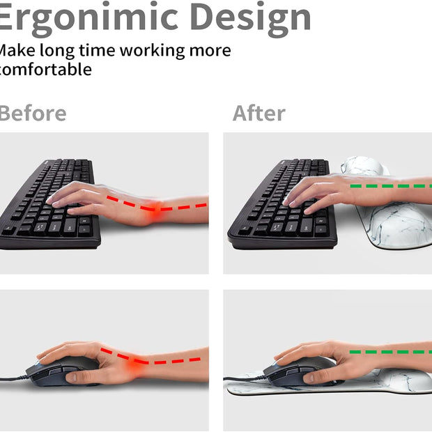 Wrist Rest Support Ergonomic Mouse Pad & Keyboard Set Memory Foam Non-Slip Rubber Base Cute Mouse Mat Coaster for Home,Computer,Office Easy Typing and Relieve Wrist Pain - White Marble